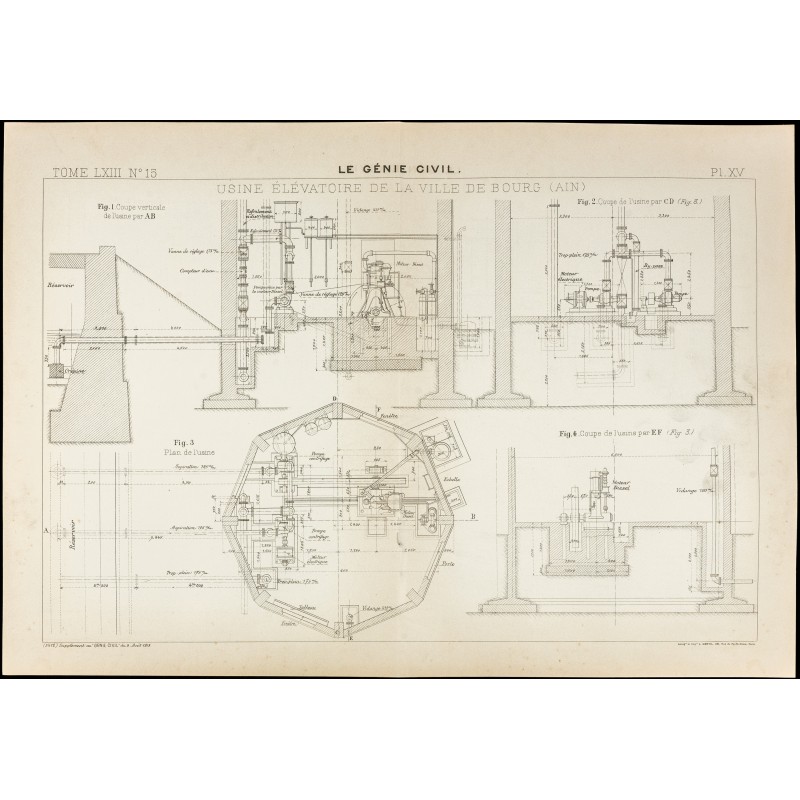 Gravure de 1913 - Plan ancien de l'usine élévatoire de la ville de Bourg - 1