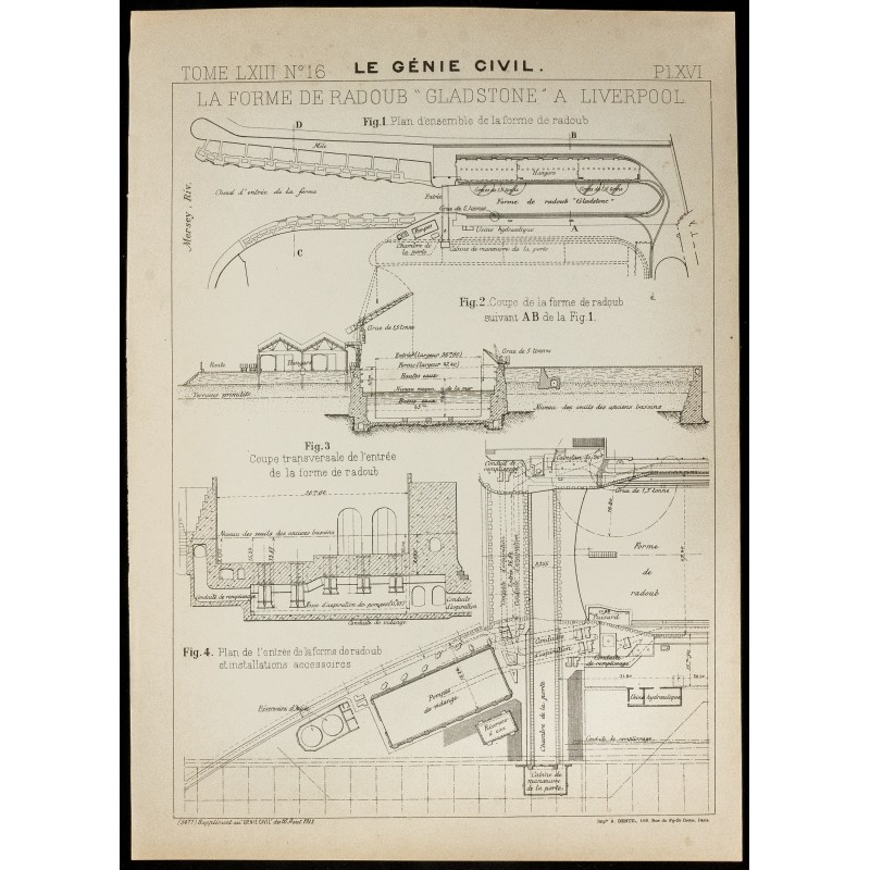 Gravure de 1913 - Plan ancien  - Radoub "Gladstone" à Liverpool - 1