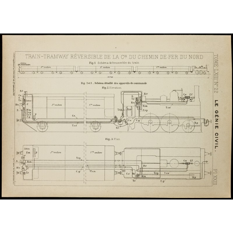 Gravure de 1913 - Plan ancien d'un Train-Tramway réversible - 1