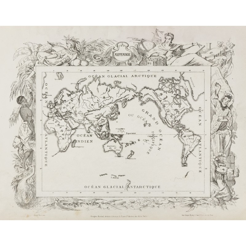 Gravure de 1874 - Mappemonde & Carte de l'Afrique - 1