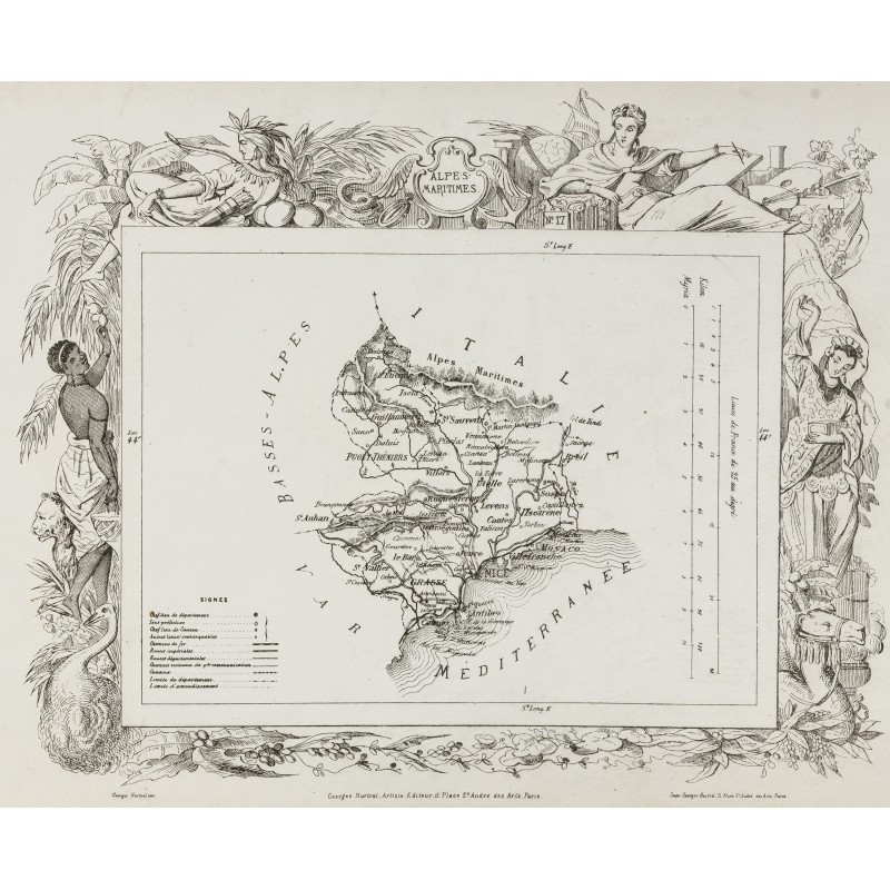 Gravure de 1874 - Carte ancienne des Alpes Martimes & Ardèche - 1