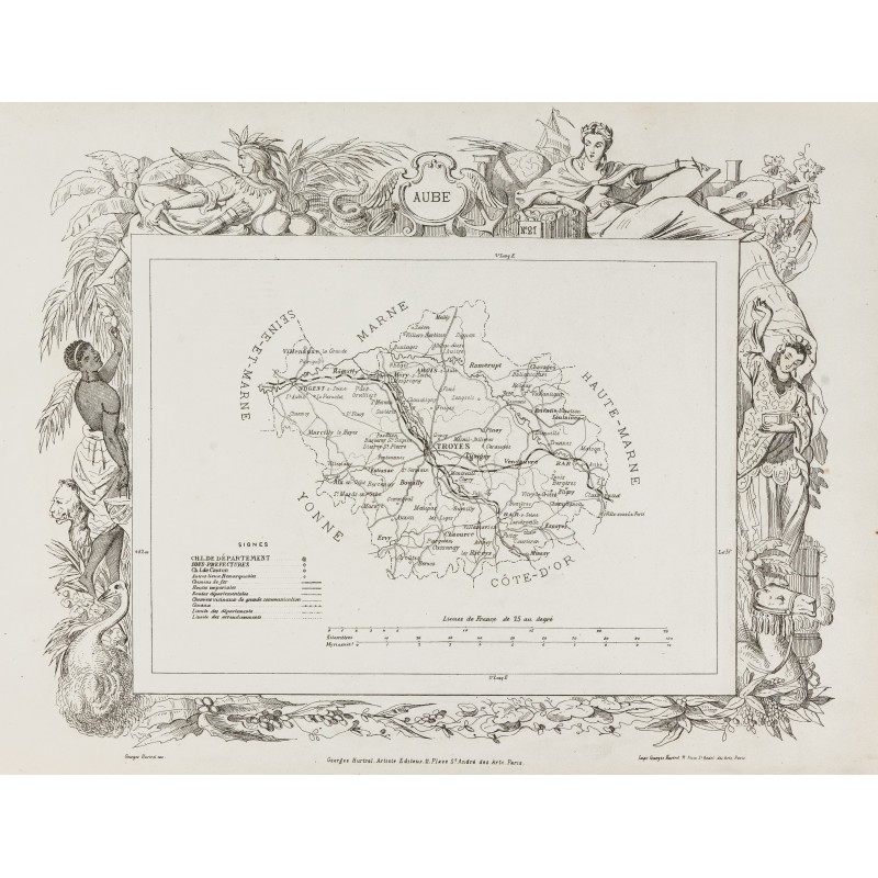 Gravure de 1874 - Carte ancienne de l'Aube & Aude - 1