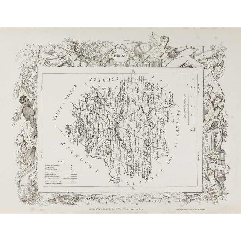 Gravure de 1874 - Carte ancienne de Dordogne & Doubs - 1