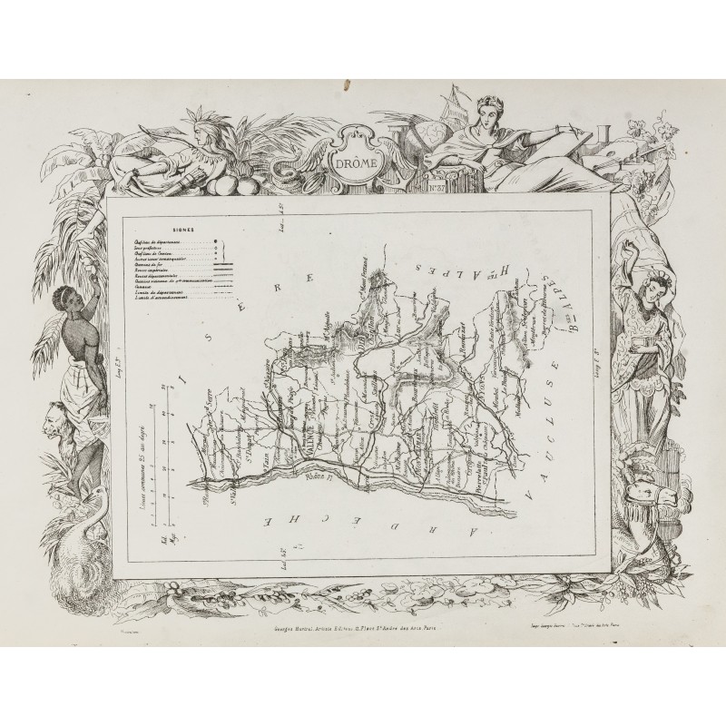 Gravure de 1874 - Carte ancienne de la Drôme & Eure - 1
