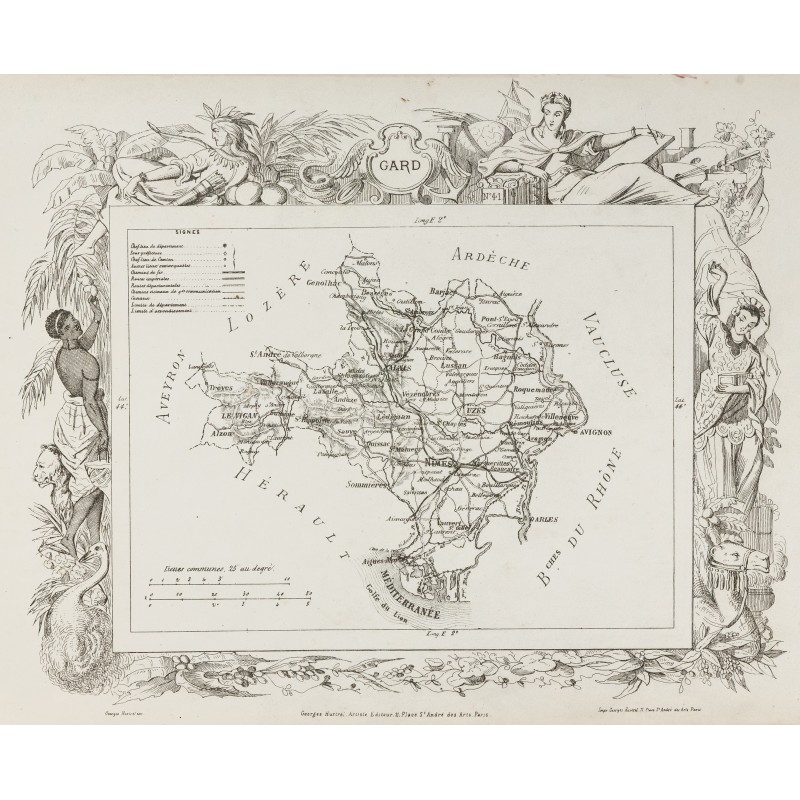 Gravure de 1874 - Carte ancienne du Gard & Haute-Garonne - 1