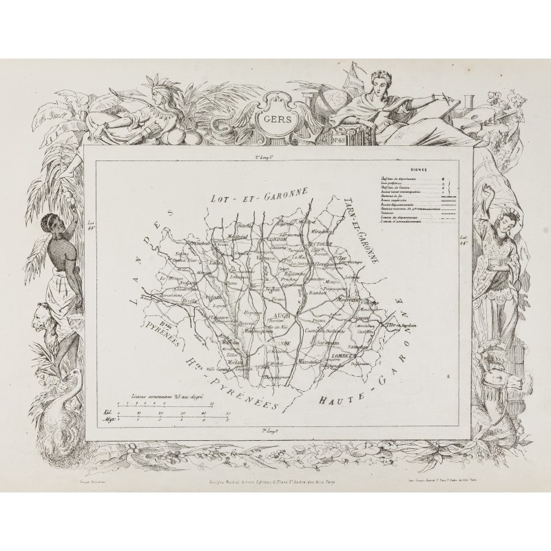 Gravure de 1874 - Carte ancienne du Gers & Gironde - 1