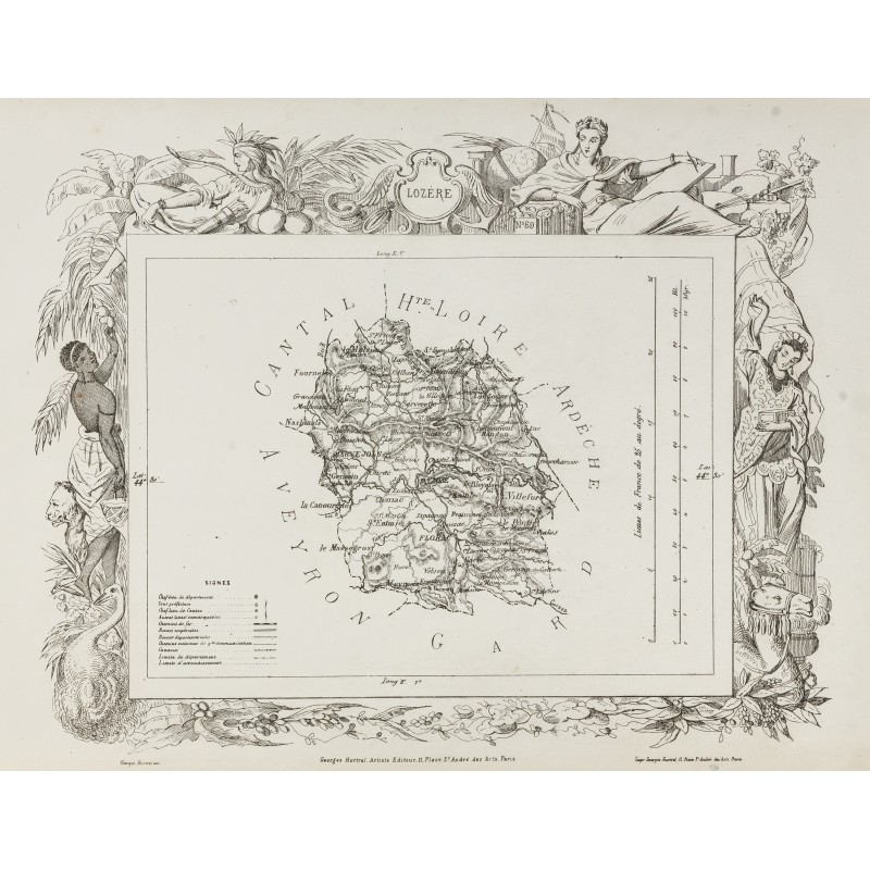 Gravure de 1874 - Carte ancienne de la Lozère & Maine-et-Loire - 1