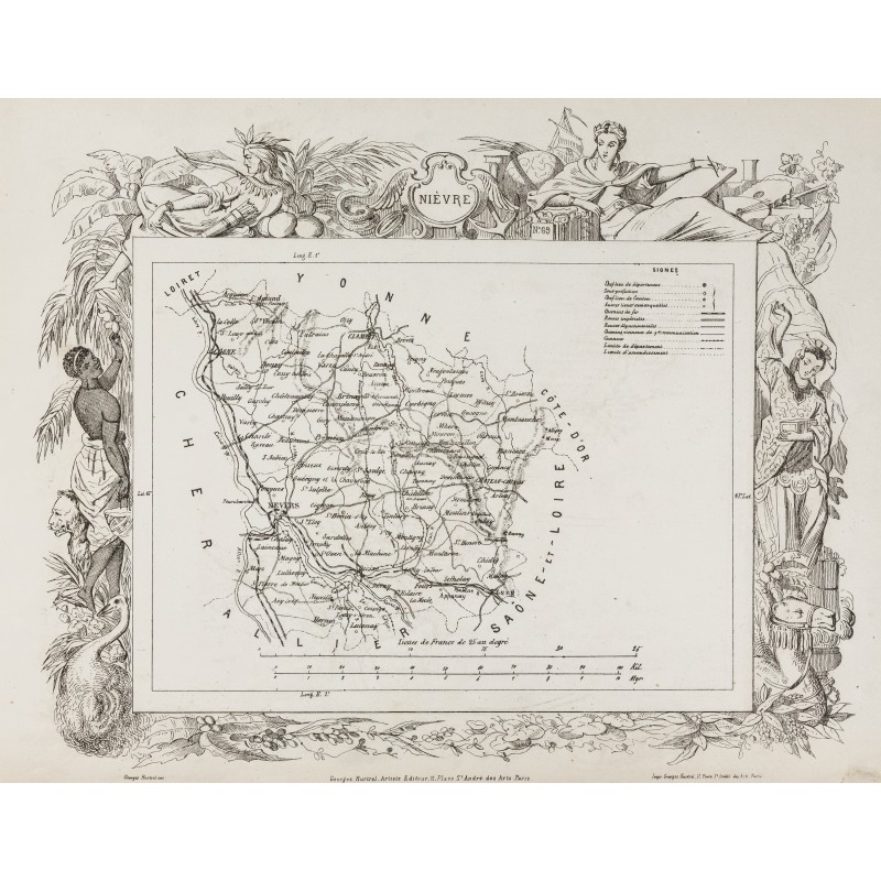 Gravure de 1874 - Carte ancienne de la Nièvre & Nord - 1