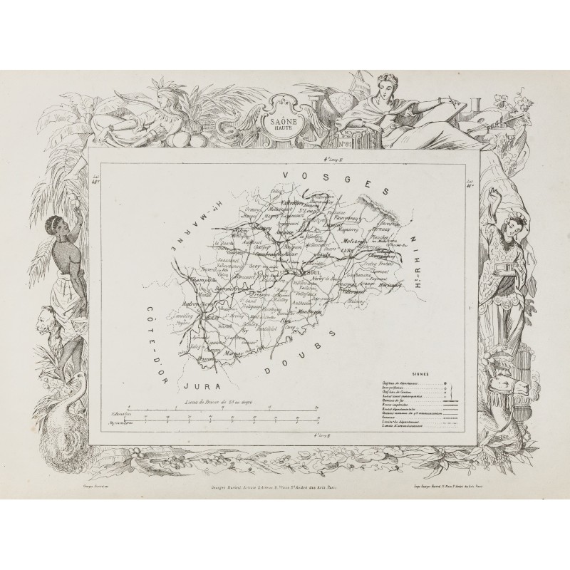 Gravure de 1874 - Carte ancienne de Haute-Saône & Saône-et-Loire - 1