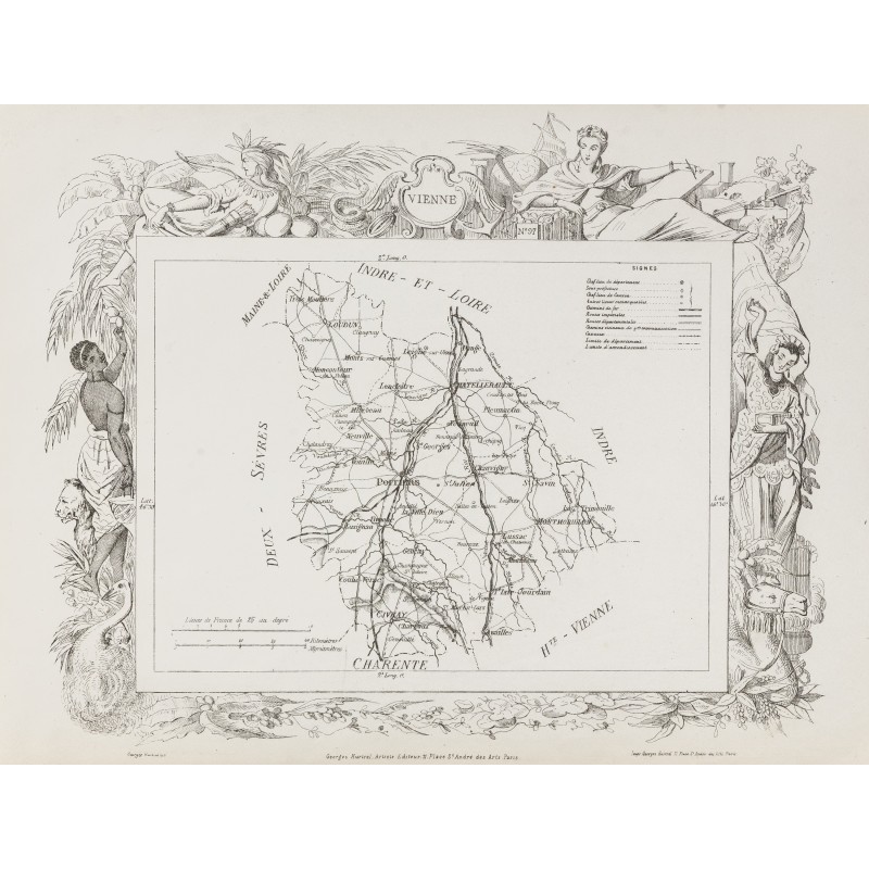 Gravure de 1874 - Carte ancienne de la Vienne & Haute-Vienne - 1