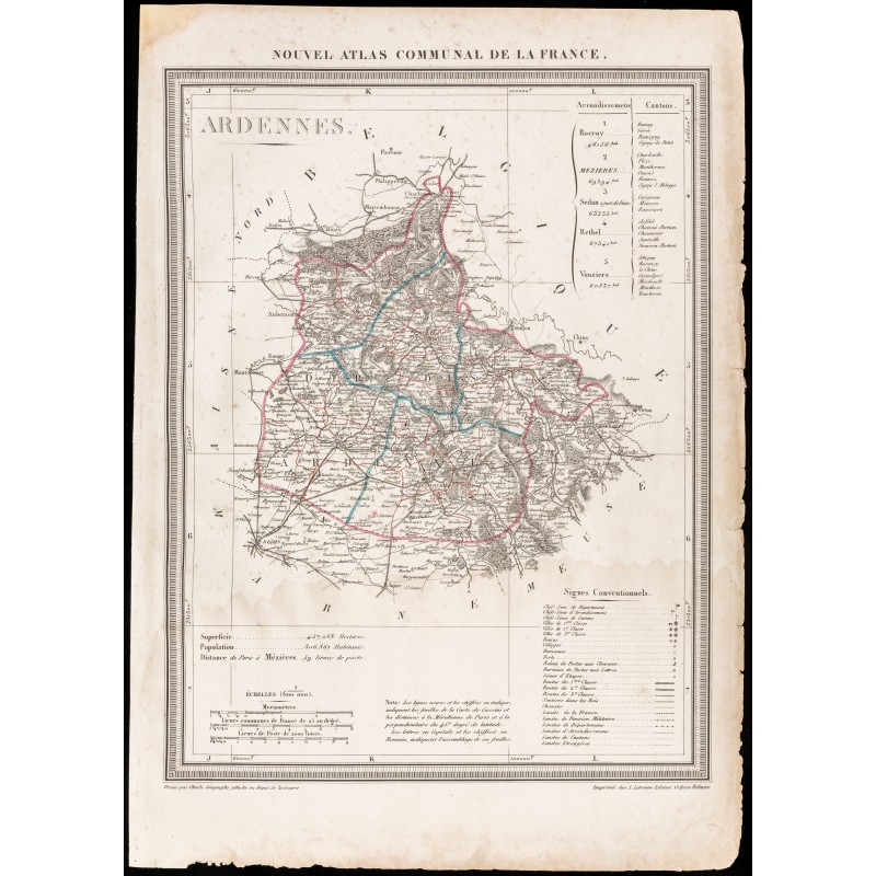 Gravure de 1839 - Carte géographique ancienne des Ardennes - 1