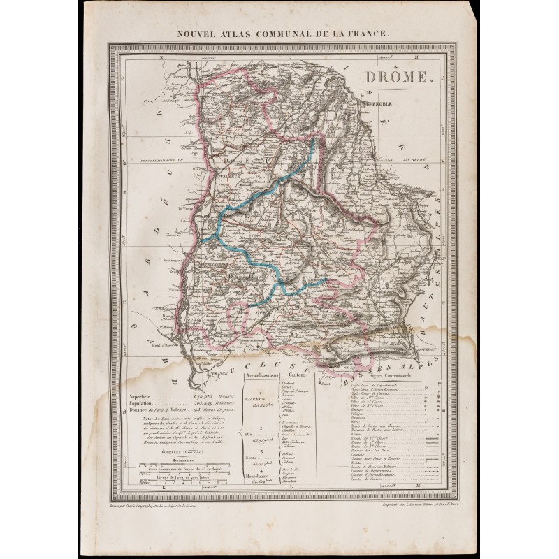 Gravure de 1839 - Carte géographique ancienne de la Drôme - 1