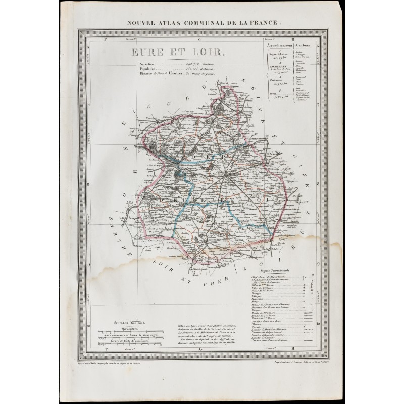 Gravure de 1839 - Carte géographique ancienne d'Eure-et-Loir - 1