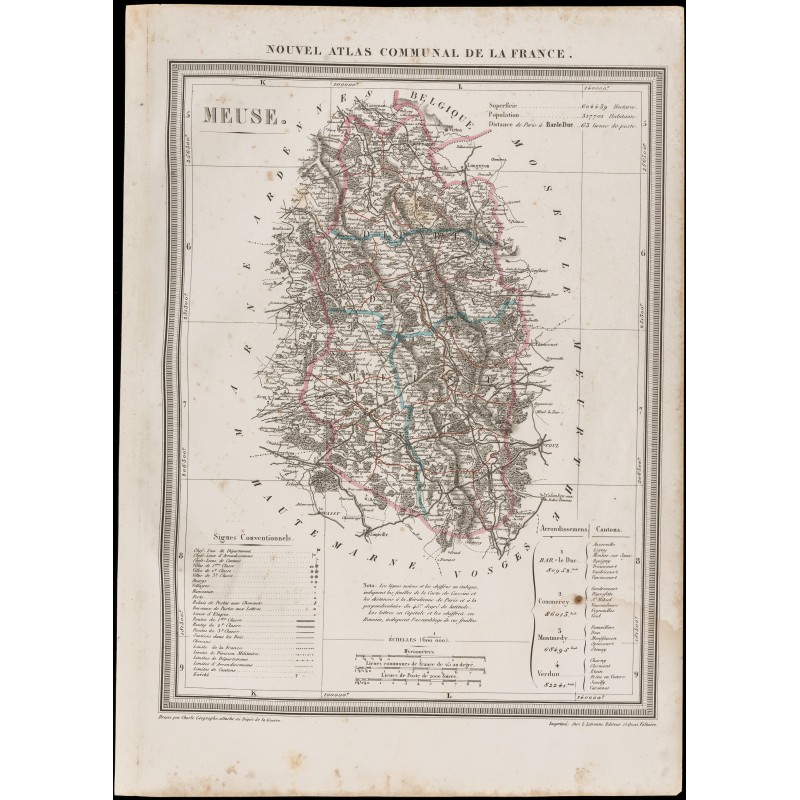 Gravure de 1839 - Carte géographique ancienne de la Meuse - 1