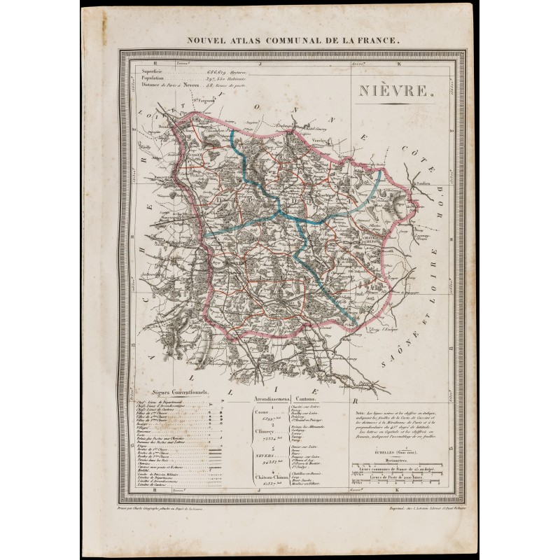 1839 Carte géographique ancienne de la Nièvre
