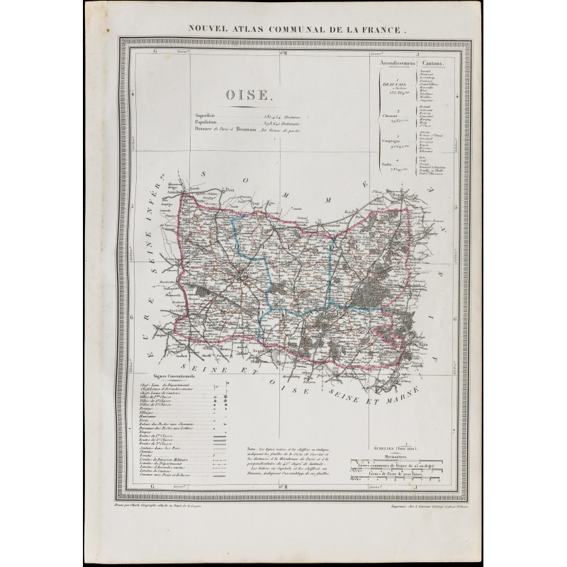 Gravure de 1839 - Carte géographique ancienne de l'Oise - 1