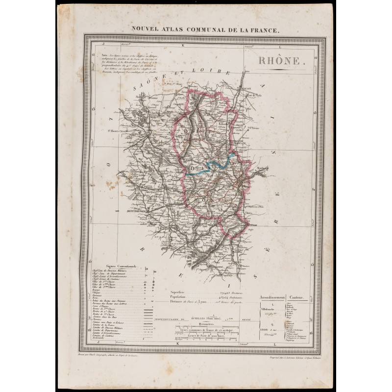 Gravure de 1839 - Carte géographique ancienne du Rhône - 1