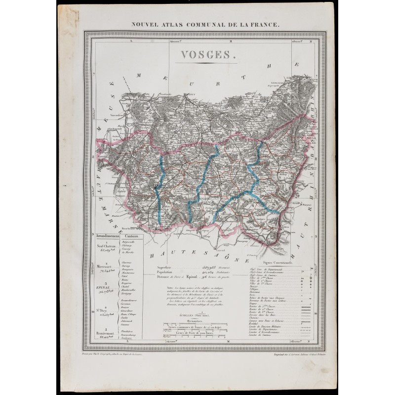 Gravure de 1839 - Carte géographique ancienne des Vosges - 1