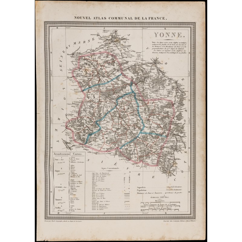 Gravure de 1839 - Carte géographique ancienne de l'Yonne - 1