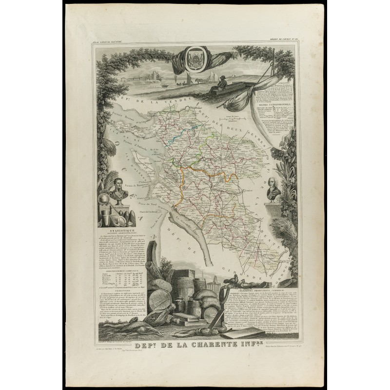 Gravure de 1852 - Carte géographique de la Charente-inférieure - 1