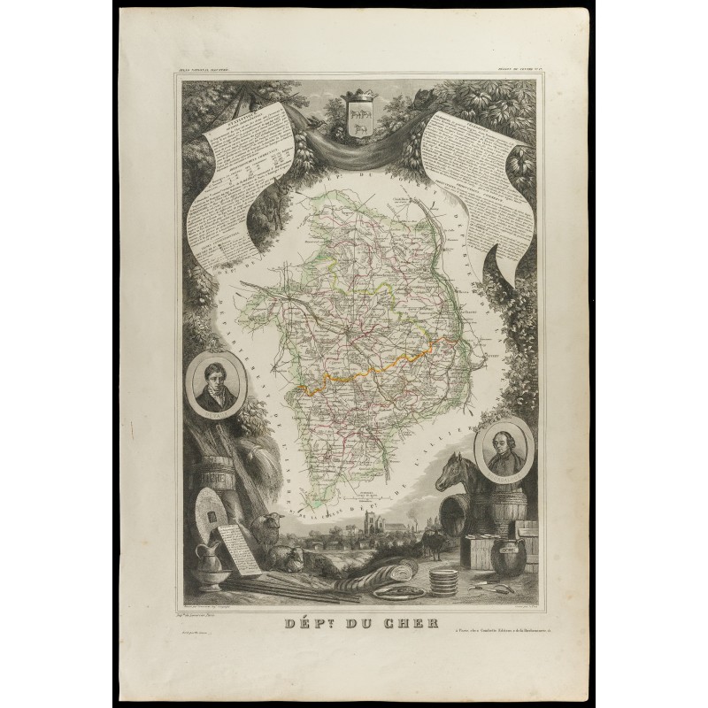 Gravure de 1852 - Carte géographique du Cher - 1