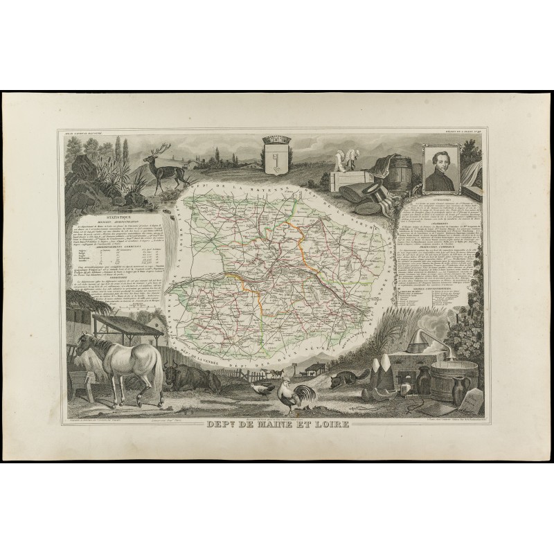Gravure de 1852 - Carte géographique de Maine et Loire - 1