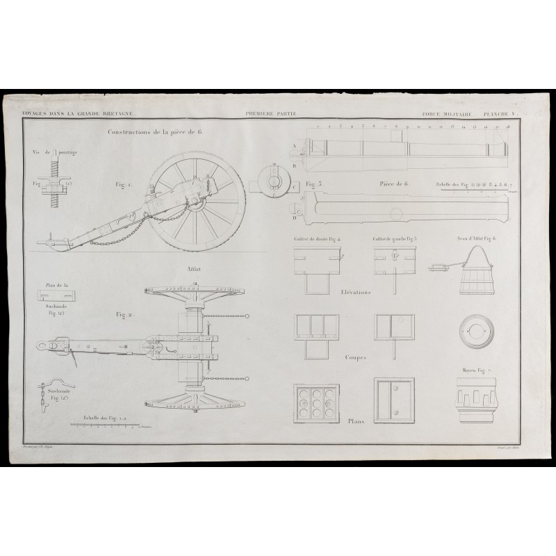 Gravure de 1850 - Plan de canon militaire de 6 - 1