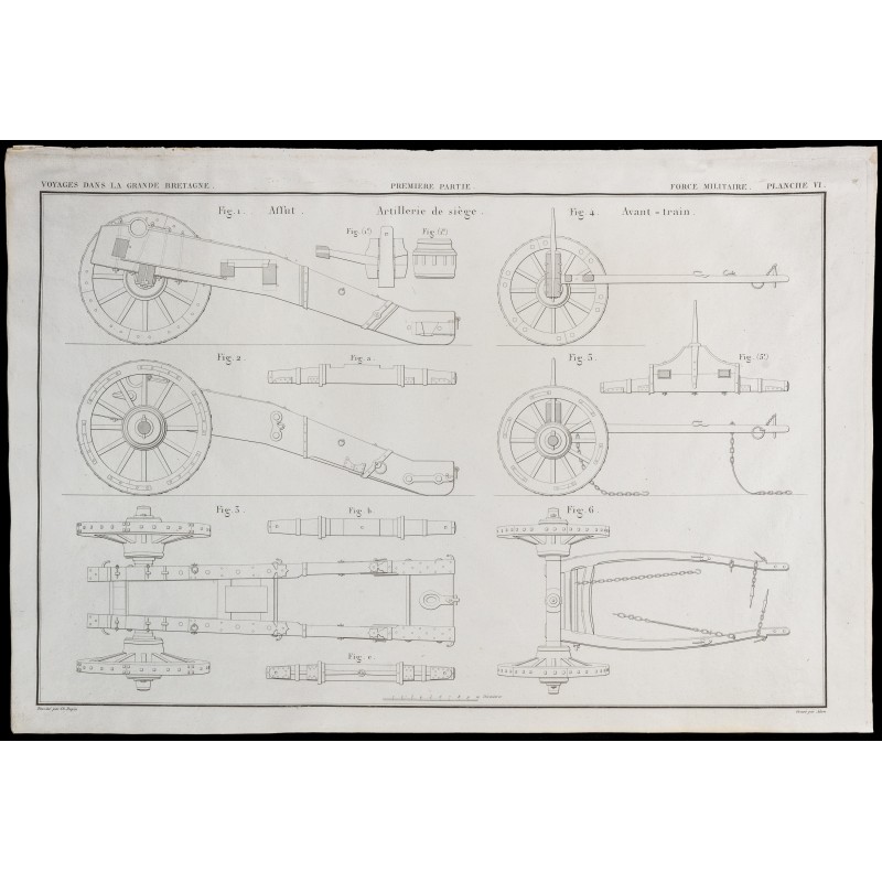 Gravure de 1850 - Plan d'artillerie de siège et canons - 1
