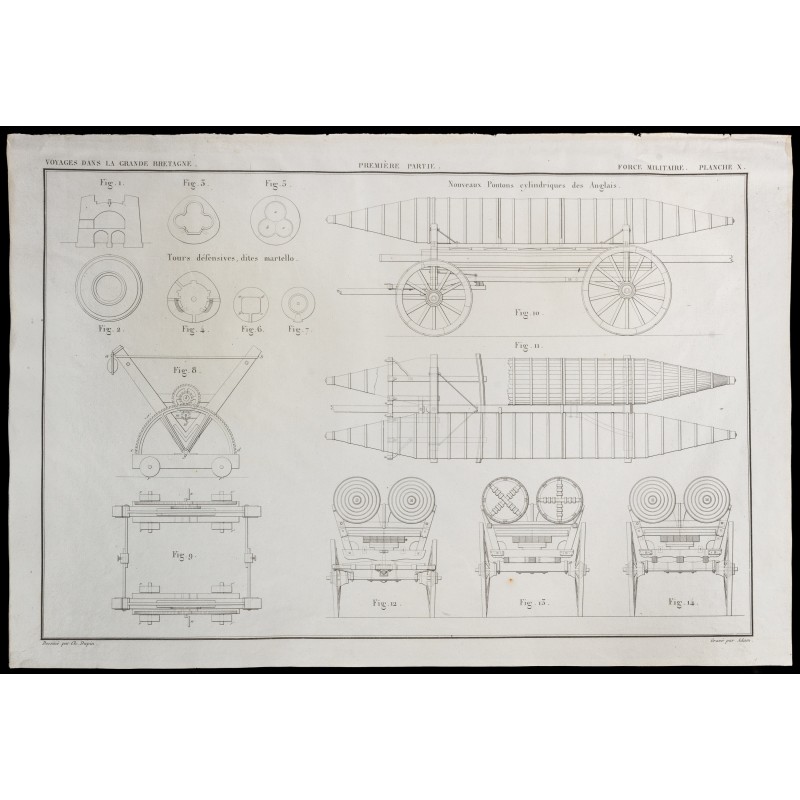 Gravure de 1850 - Plan de pontons hydrauliques militaires - 1