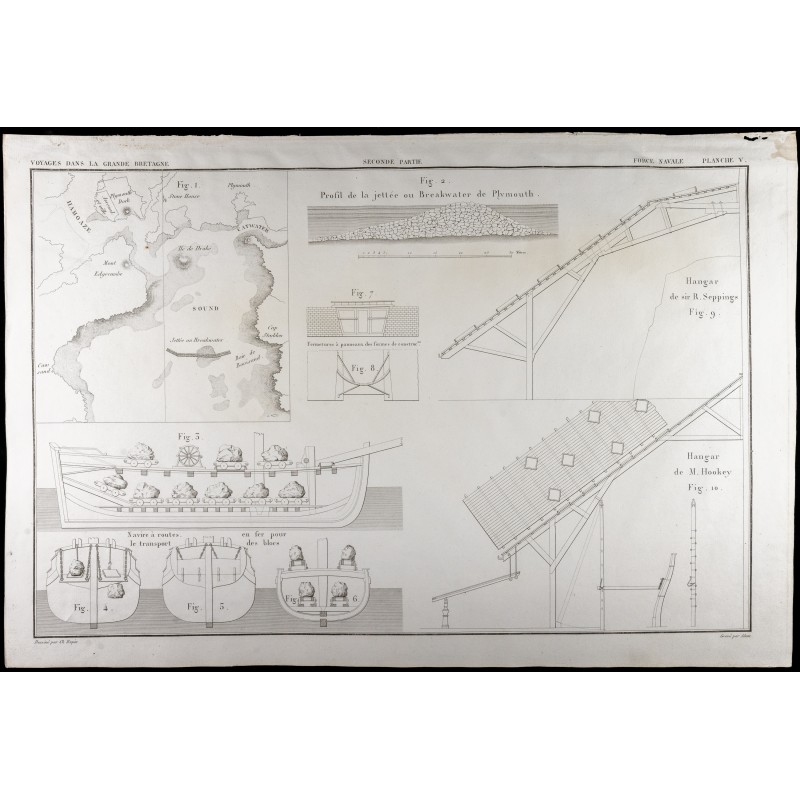 Gravure de 1850 - Carte de la baie de Phymouth et plans - 1
