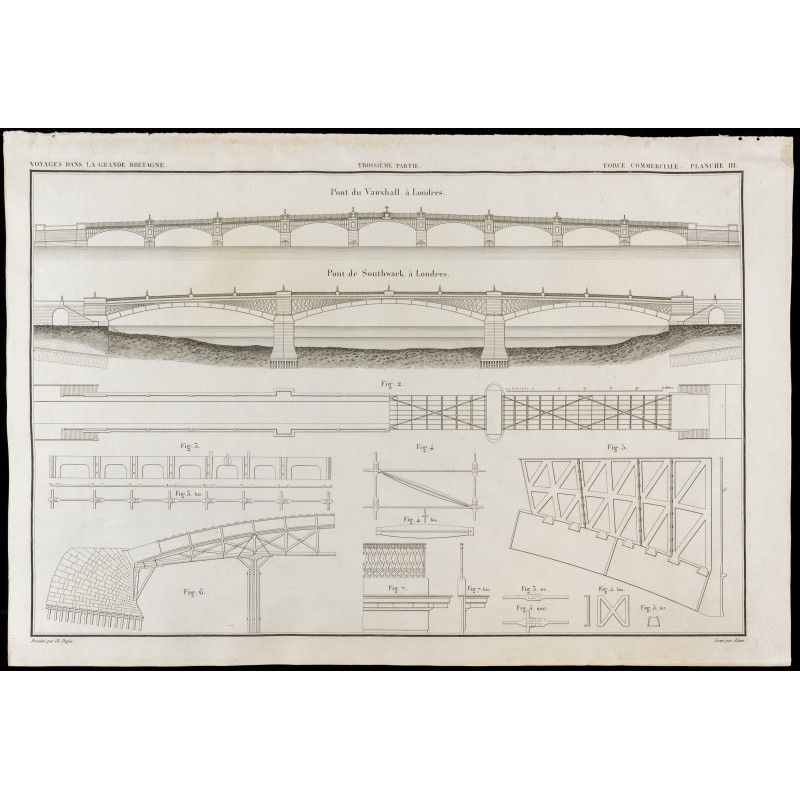 Gravure de 1850 - Pont de Vauxhall & Pont de Southwa - 1