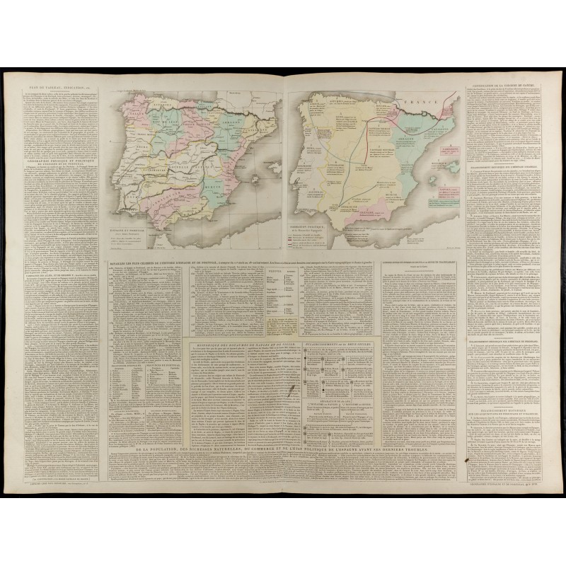 Gravure de 1830 - Grande carte géographique de l'Espagne et Portugal - 1