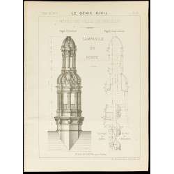 Gravure de 1886 - Campanile en fonte de l'Hôtel de Ville de Neuilly. - 1