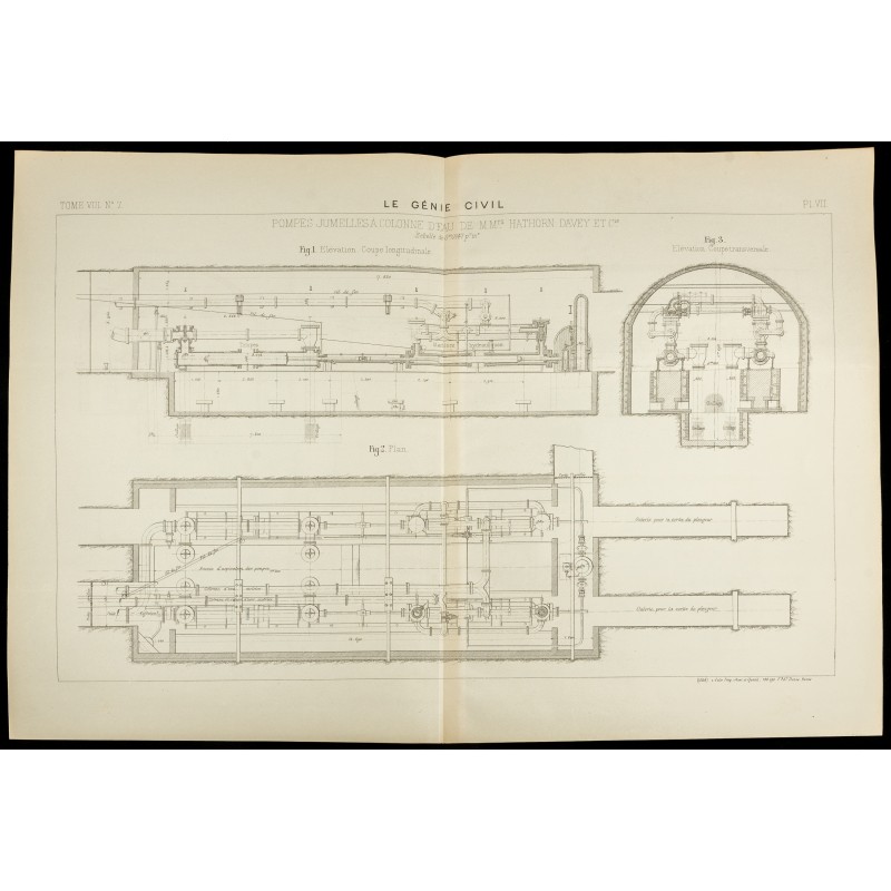 Gravure de 1885 - Plan ancien de pompes jumelles à colonne d'eau - 1