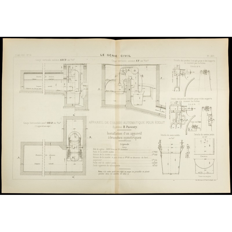 Gravure de 1886 - Égout : Plan ancien d'un appareil de chasse automatique - 1