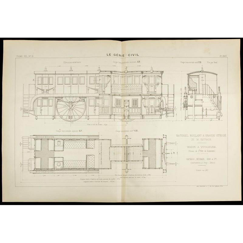 Gravure de 1886 - Plan d'un Wagon à voyageurs - 1