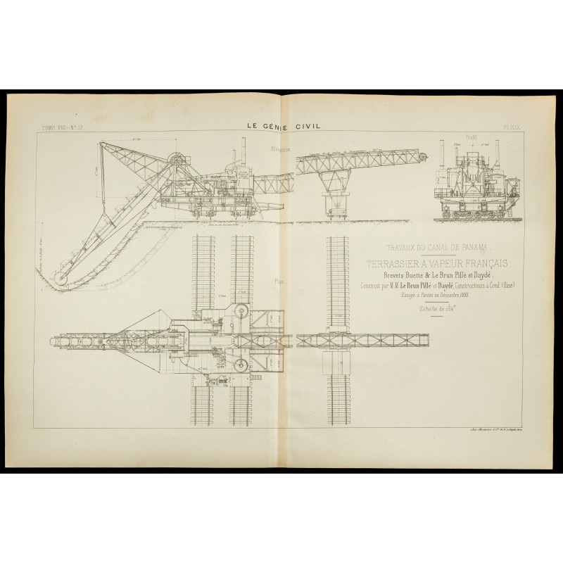 Gravure de 1886 - Plan d'un terrassier à vapeur français - 1