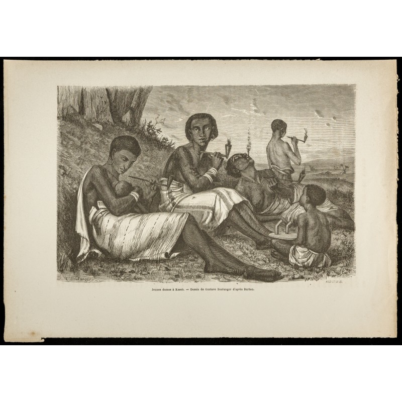 Gravure de 1860 - Femmes fumant la pipe seins nus - 1