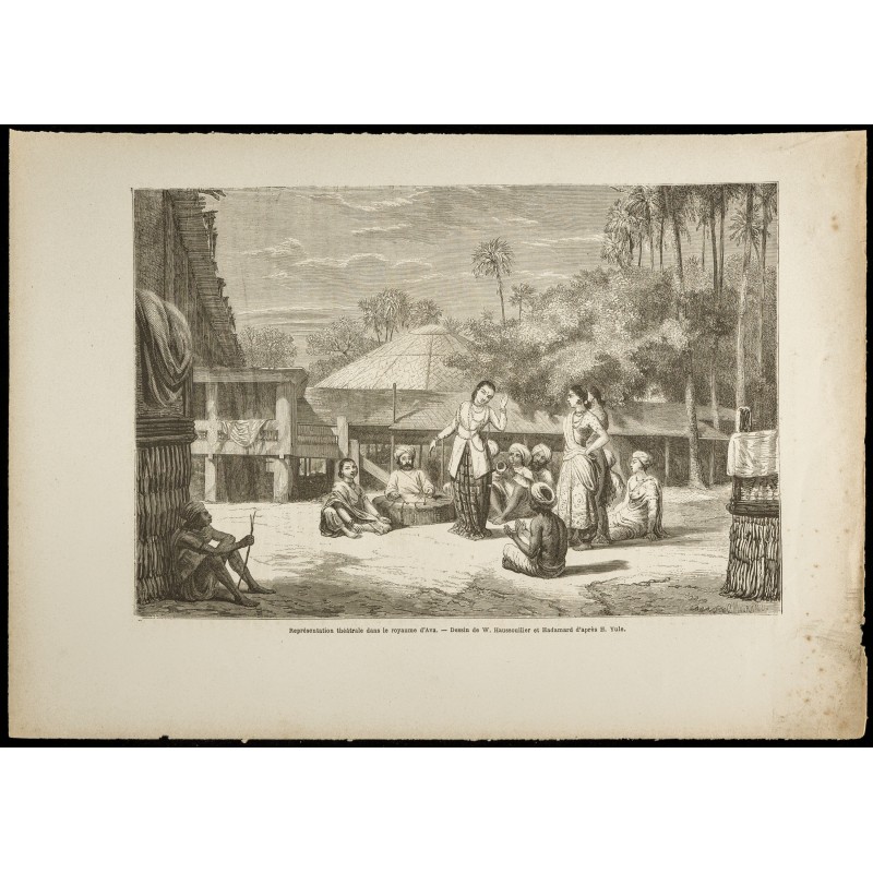 Gravure de 1860 - Représentation théâtrale en Birmanie - 1