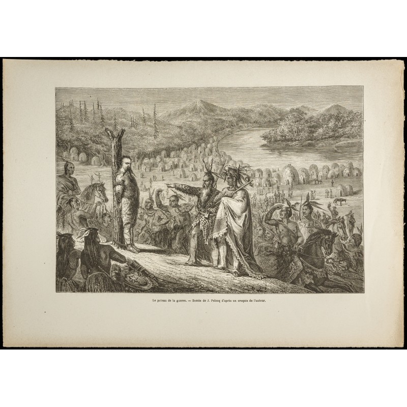 Gravure de 1860 - Indiens d'Amérique - Poteau de la guerre - 1