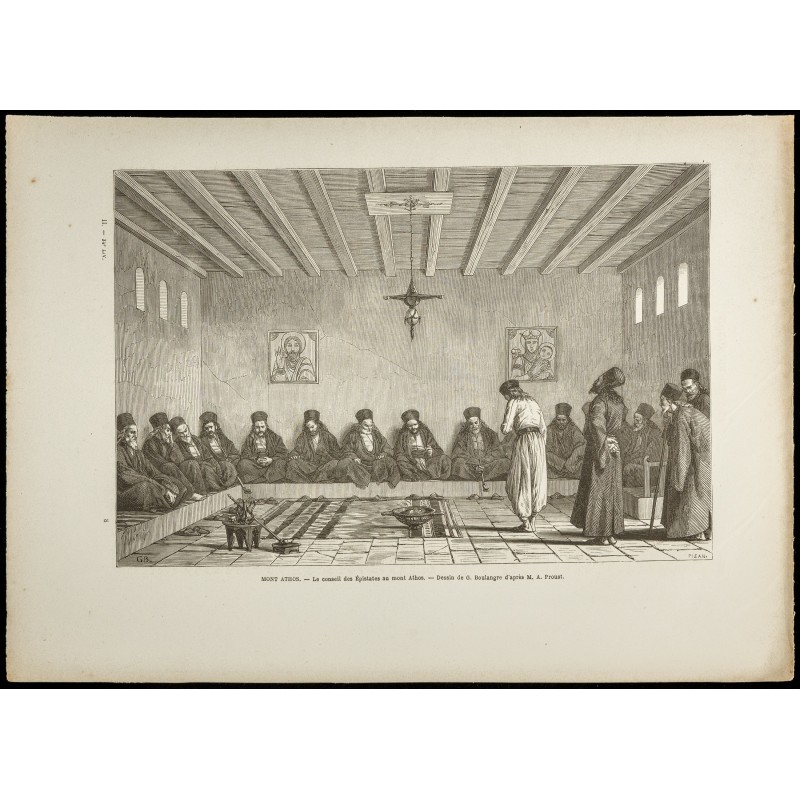 Gravure de 1860 - Le conseil des Épistates au Mont Athos - 1