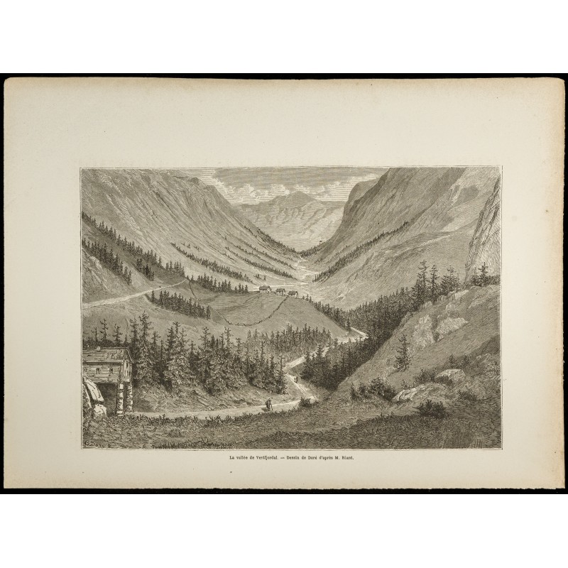 Gravure de 1860 - La vallée de Vestfjordal (Vestfjord) en Norvège - 1