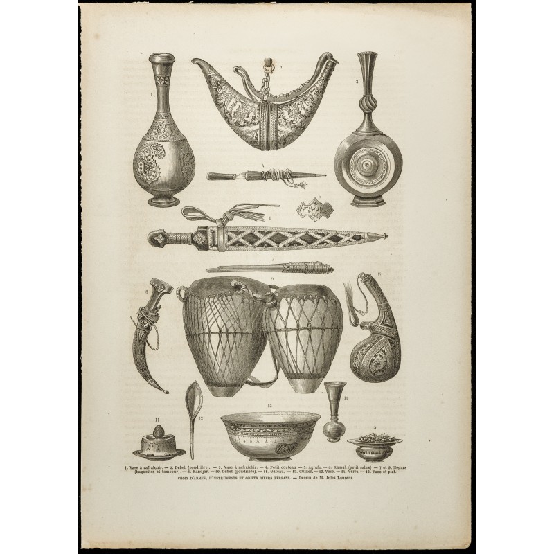 Gravure de 1860 - Iran - Armes, instruments de musique et objets - 1