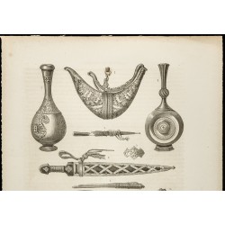 Gravure de 1860 - Iran - Armes, instruments de musique et objets - 2