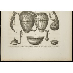 Gravure de 1860 - Iran - Armes, instruments de musique et objets - 3