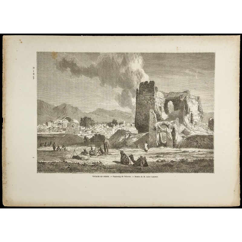Gravure de 1860 - Iran - Faubourg de Téhéran et ruines - 1