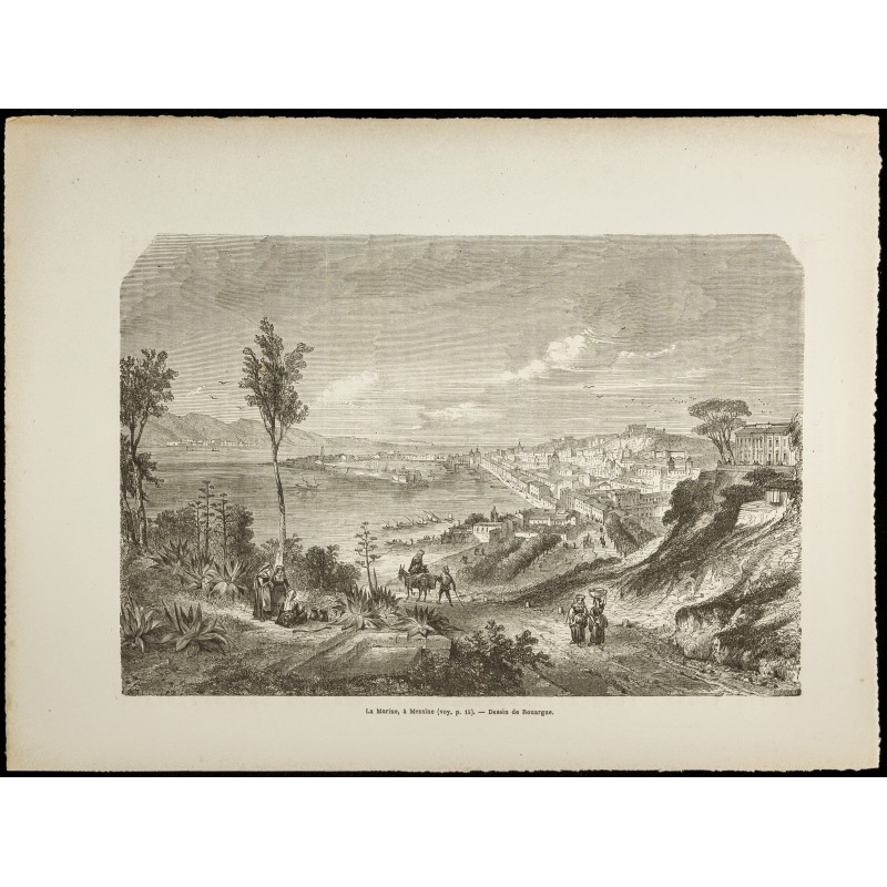 Gravure de 1860 - Port de Messine - Sicile - 1