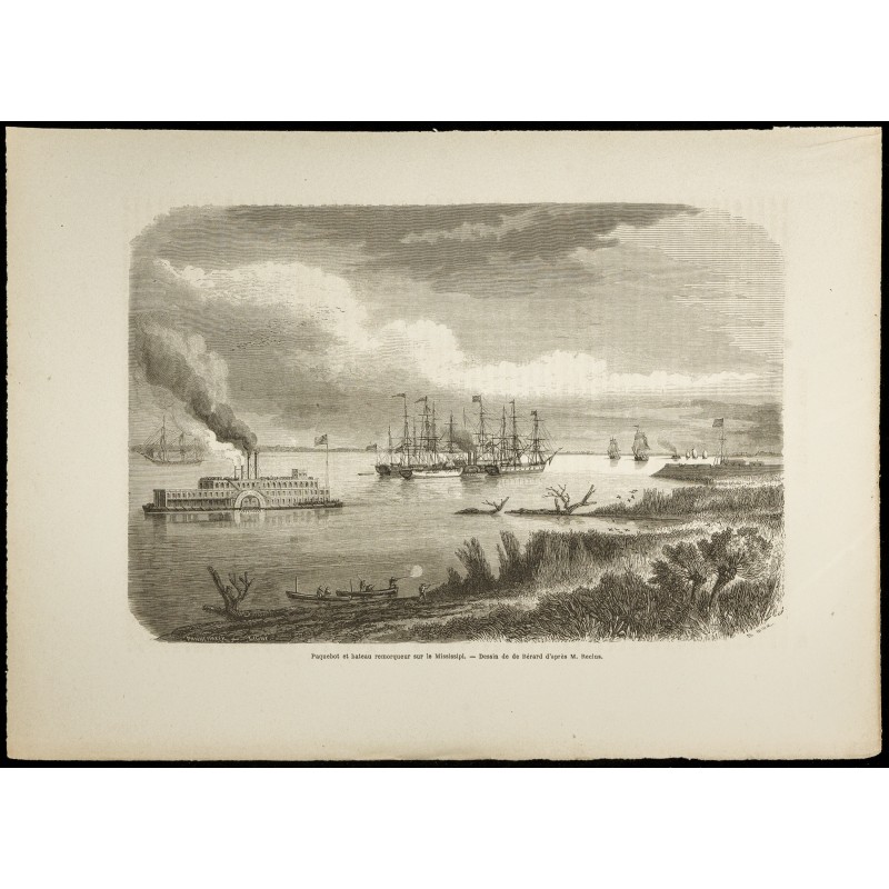 Gravure de 1860 - Paquebot et bateau remorqueur sur le Mississipi - 1