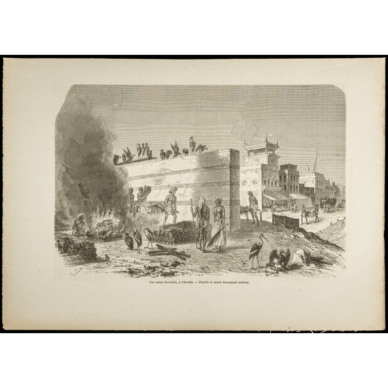 Gravure de 1860 - Inde - Scène funéraire à Calcutta - 1