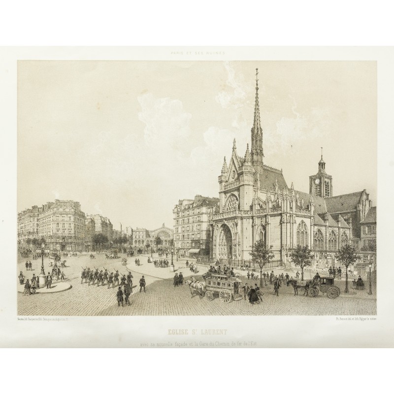 Gravure de 1873 - Église St Laurent et gare de l'Est - 1